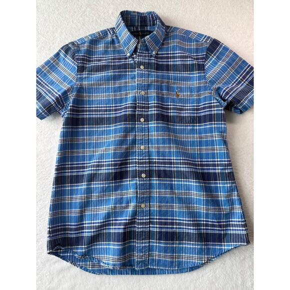 Ralph Lauren Men Short Sleeve Button Down Size Medium Blue Plaid Brown Pony - Picture 1 of 7